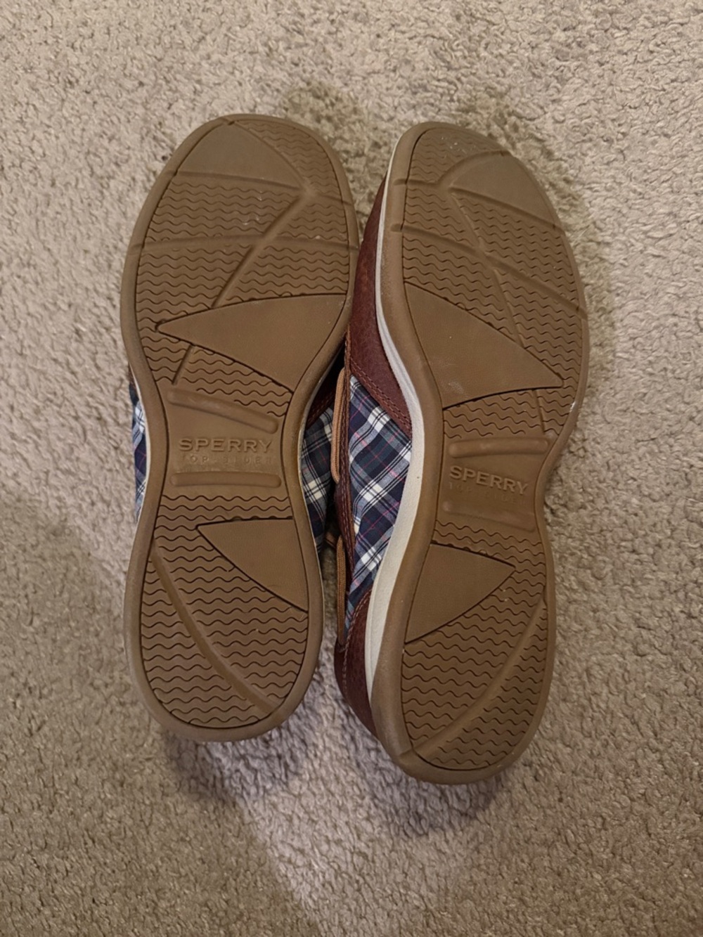Sperry Brown Leather Boat Shoes with Plaid Trim and Tan Laces - Picture 2 of 3